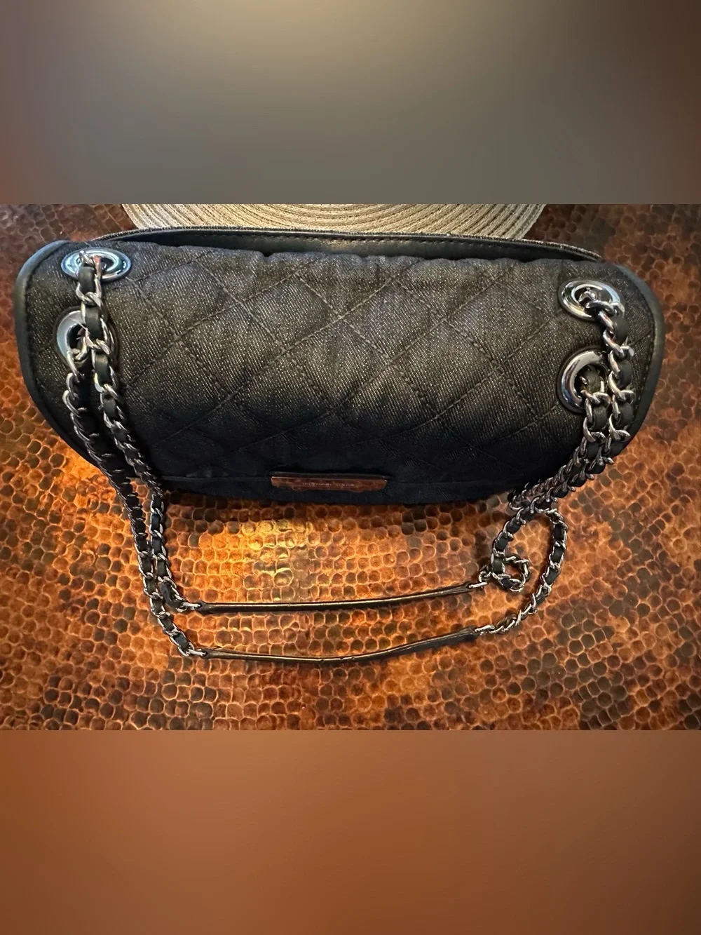 Michael Kors Sloan Large Quilted Denim Shoulder Bag with Silver Chain